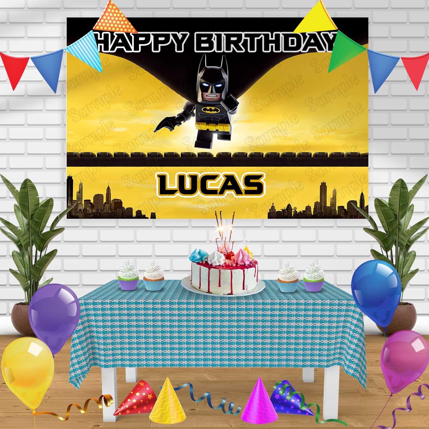 Banner de cumpleanos de Batman Lego decoracion de fondo de fiesta per Edible Cake Topper Corp