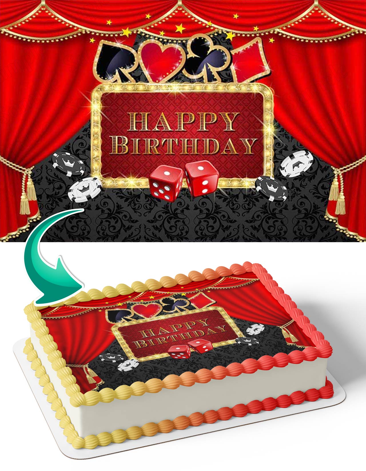 Adornos comestibles para tartas con temática de póquer del casino Las Vegas  – Ediblecaketopper, image size:1280x1646