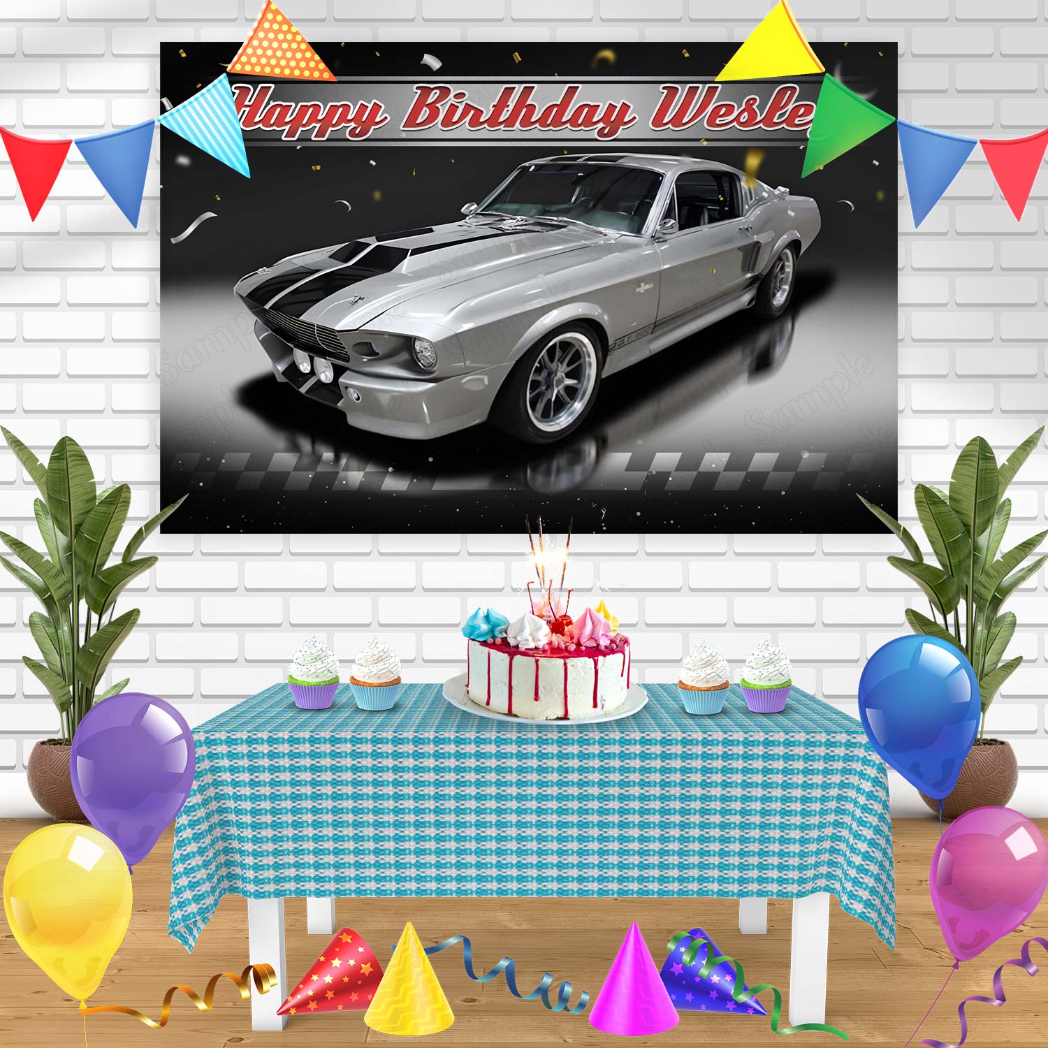 1968 Silver Ford Mustang Fastback Bn Birthday Banner Personalized Part ...