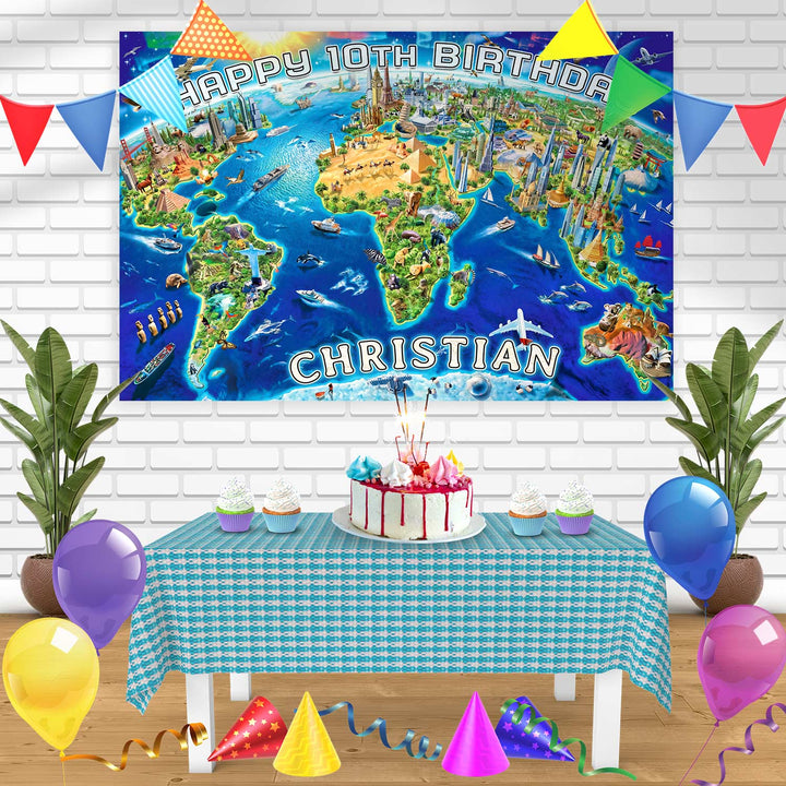 3D World Map Bn Birthday Banner Personalized Party Backdrop Decoration