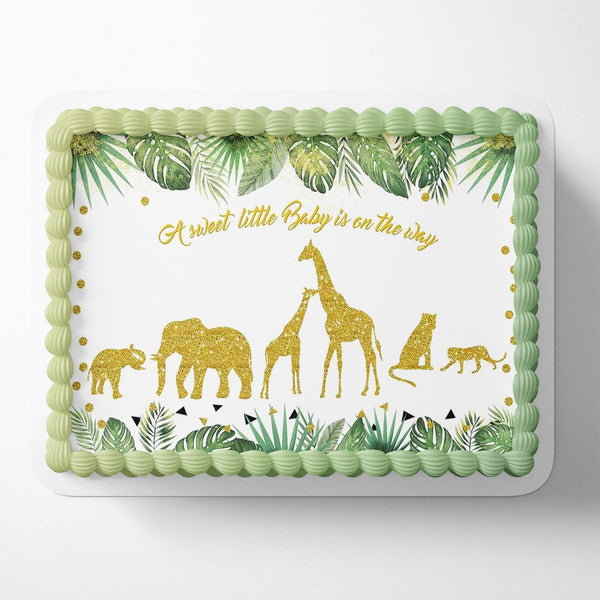 A Sweet Little Baby is On The Way Tropical Palm Leaves Gold Decor Wild One for Jungle Edible Cake Toppers