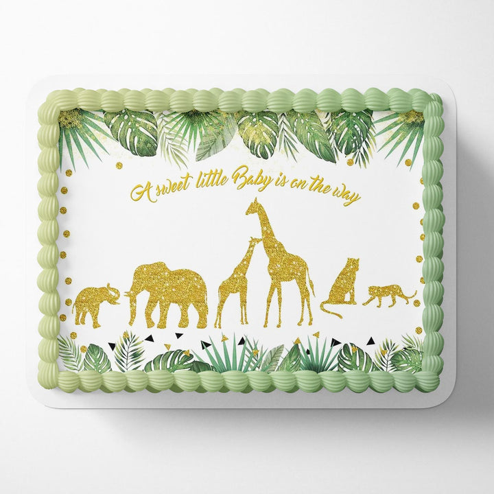 A Sweet Little Baby is On The Way Tropical Palm Leaves Gold Decor Wild One for Jungle Edible Cake Toppers