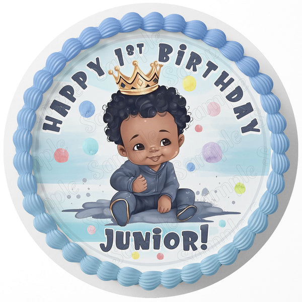 Baby Afro American Boy Cute King Boss Prince King Edible Cake Toppers Round