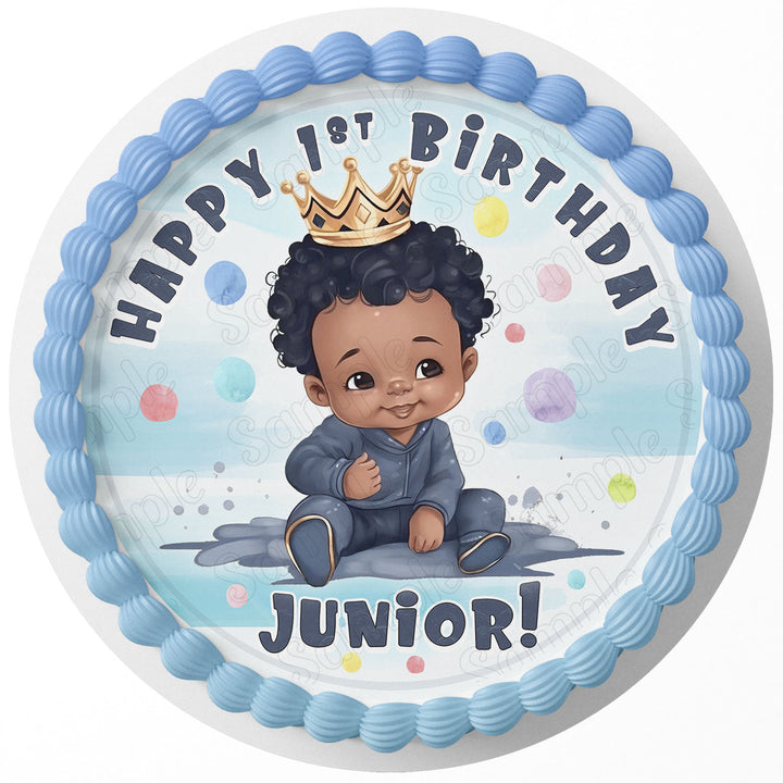 Baby Afro American Boy Cute King Boss Prince King Edible Cake Toppers Round