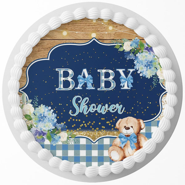 Baby Shower Blue Bear Cute Edible Cake Toppers Round