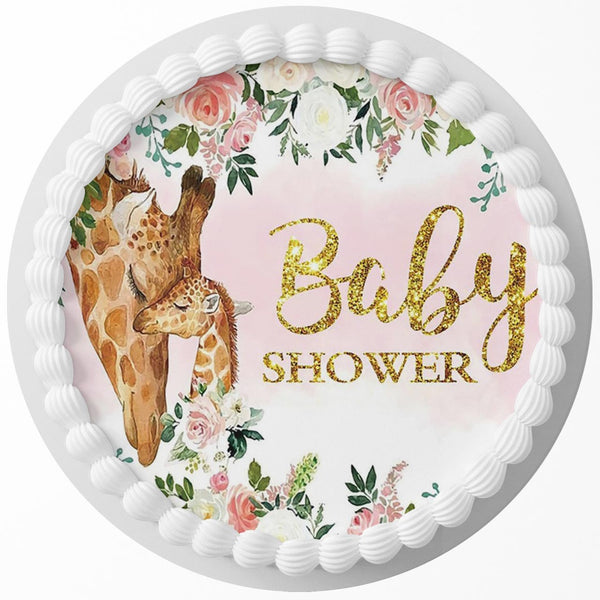 Baby Shower Giraffe Baby Flowers Edible Cake Toppers Round