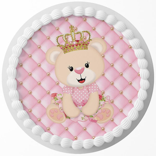 Bear Cute Pink Girl Floral Baby Shower Edible Cake Toppers Round