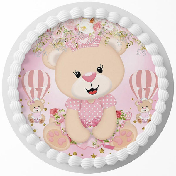 Bear Cute Pink Girl Edible Cake Toppers Round
