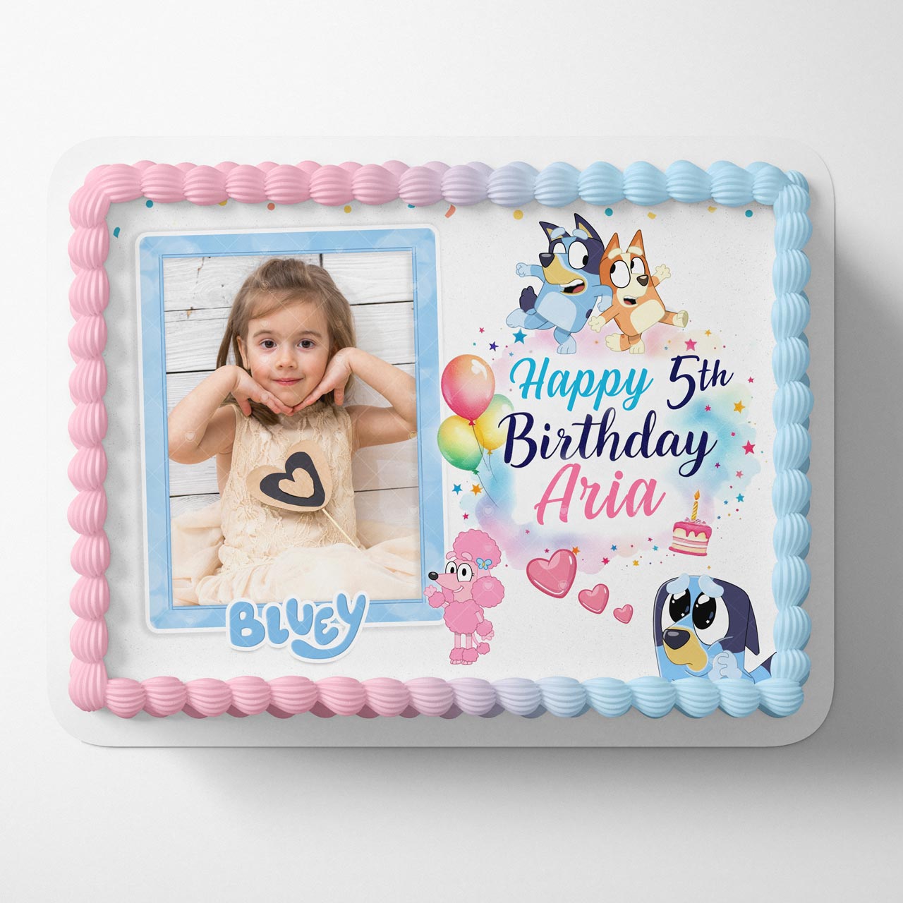 Bluey Girl Pink Blue Frame HBB Photo Frame Edible Cake Topper Image ...