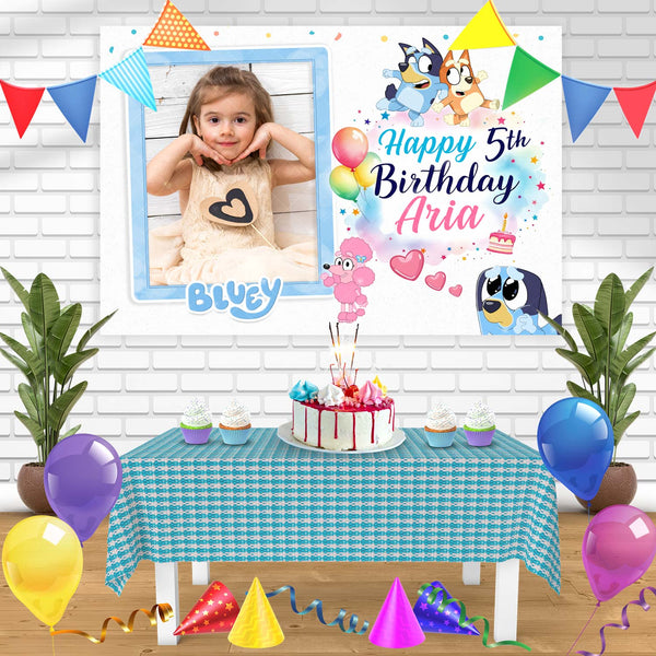 Bluey Girl Pink Blue Frame HBB Birthday Banner Personalized Party Backdrop Decoration