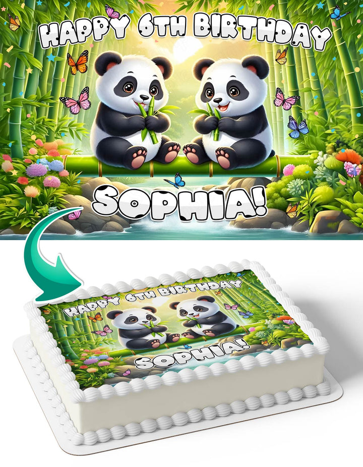 Cute Pandas In Bamboo Forest Edible Cake Toppers