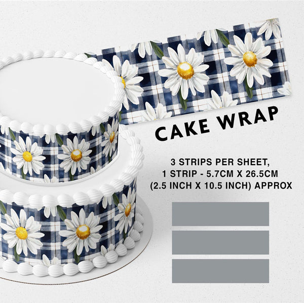 Dark Blue White Checked Daisy Flowers Edible Cake Toppers Cake Wraps