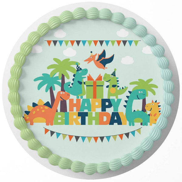 Dinosaur Cartoon Zoo Tropical Jungle GZA Rd Edible Cake Toppers Round