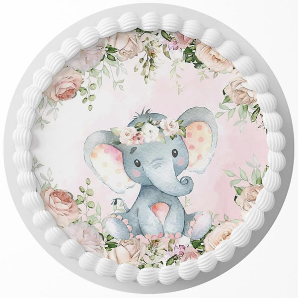 Elephant Cute Baby Shower Floral Edible Cake Toppers Round