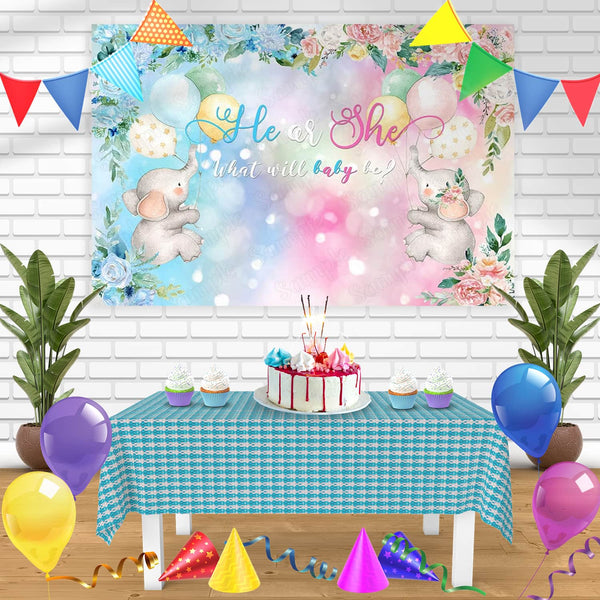 Elephant He or She Gender Reveal Bn Birthday Banner Personalized Party Backdrop Decoration
