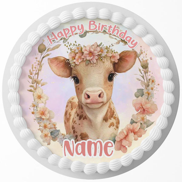 Floral Baby Cow Edible Cake Toppers Round