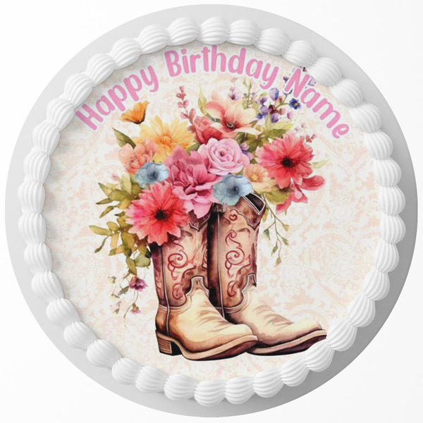 Floral Cowboy Boots Edible Cake Toppers Round