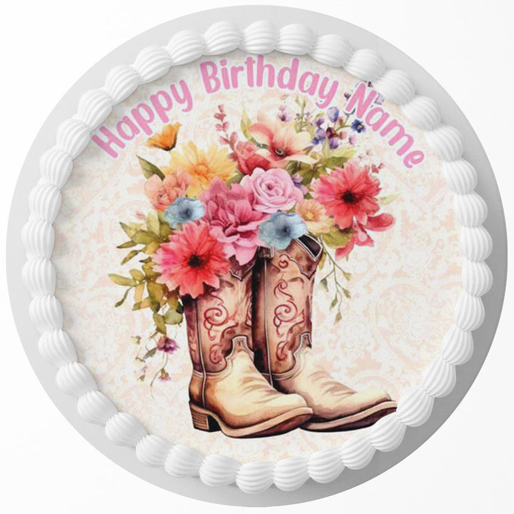 Floral Cowboy Boots Edible Cake Toppers Round