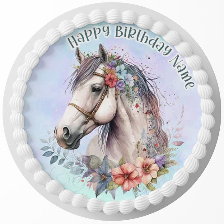 Floral Horse Edible Cake Toppers Round