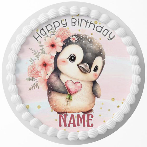 Floral Penguin Edible Cake Toppers Round