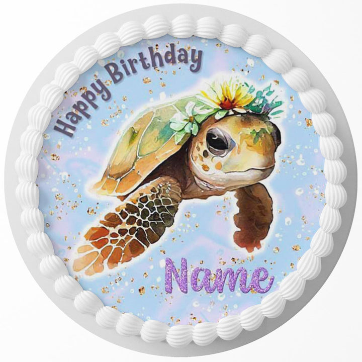 Floral Sea Turtle Edible Cake Toppers Round