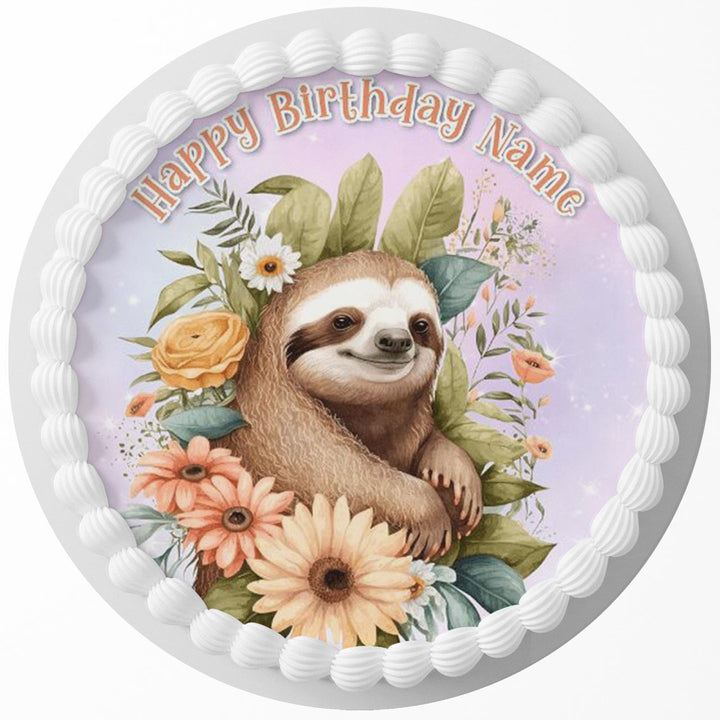 Floral Sloth Edible Cake Toppers Round