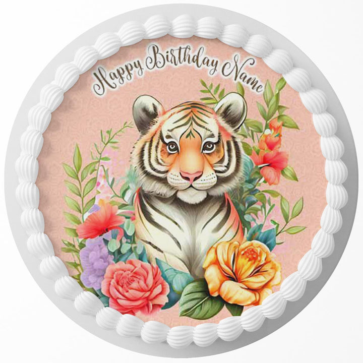 Floral Tiger Cute Edible Cake Toppers Round