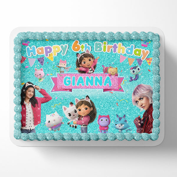 Adorno para tarta con imagen comestible de casa de muñecas Gabby GDH, hoja de decoración personalizada para cumpleaños, transferencia de glaseado para fiestas personalizada, fondant