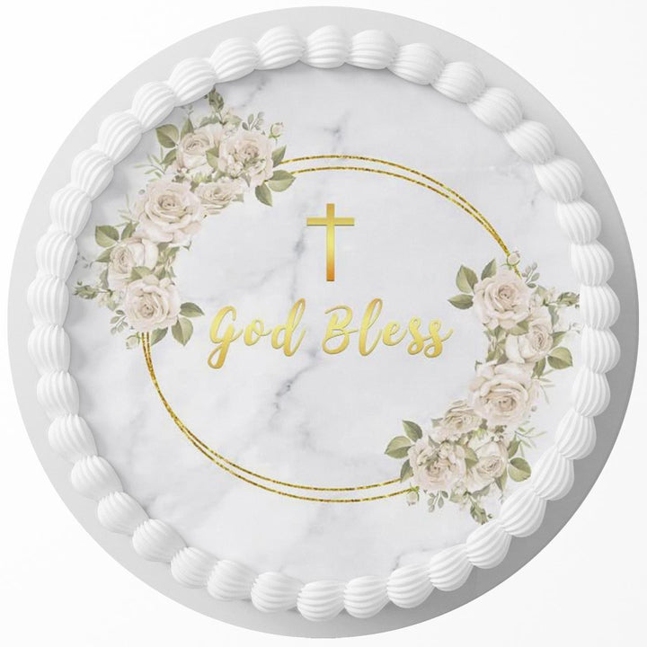 God Bless Communion Cross Edible Cake Toppers Round