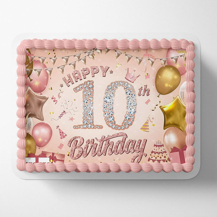 Happy 10th Birthday Diamond Pink Gold Edible Cake Toppers