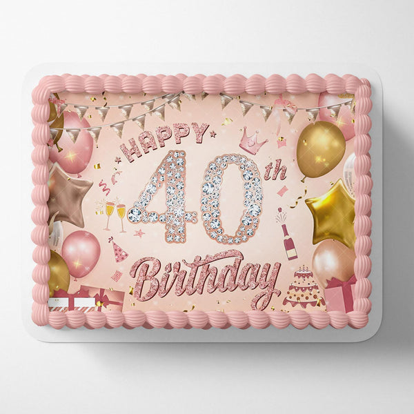 Happy 40th Birthday Diamond Pink Gold Edible Cake Toppers