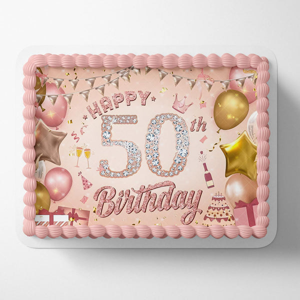 Happy 50th Birthday Diamond Pink Gold Edible Cake Toppers