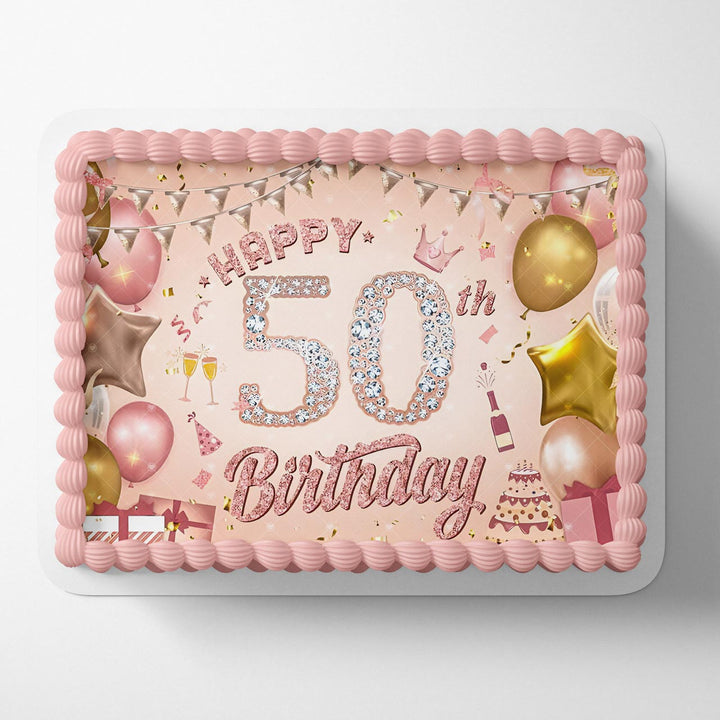 Happy 50th Birthday Diamond Pink Gold Edible Cake Toppers