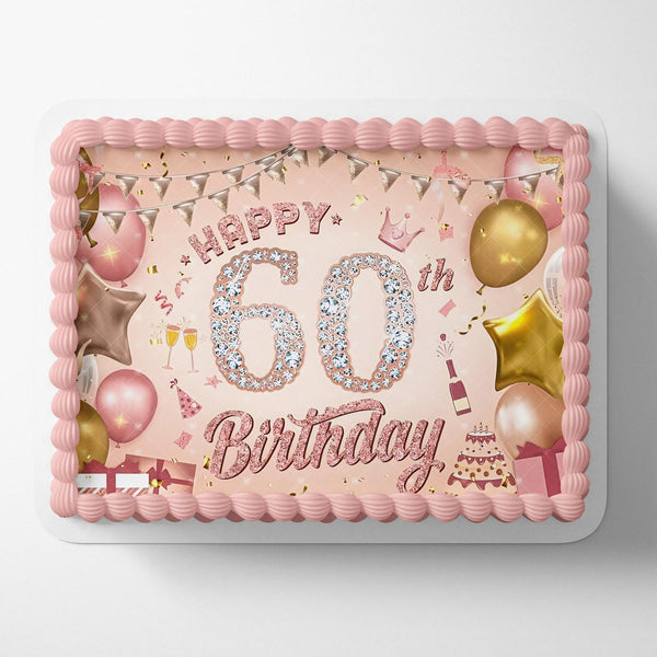 Happy 60th Birthday Diamond Pink Gold Edible Cake Toppers