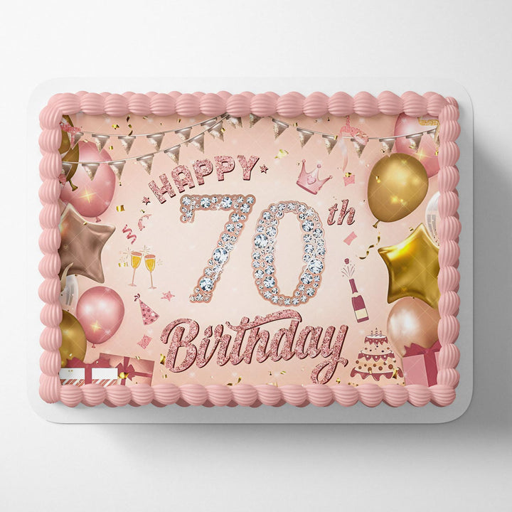 Happy 70th Birthday Diamond Pink Gold Edible Cake Toppers