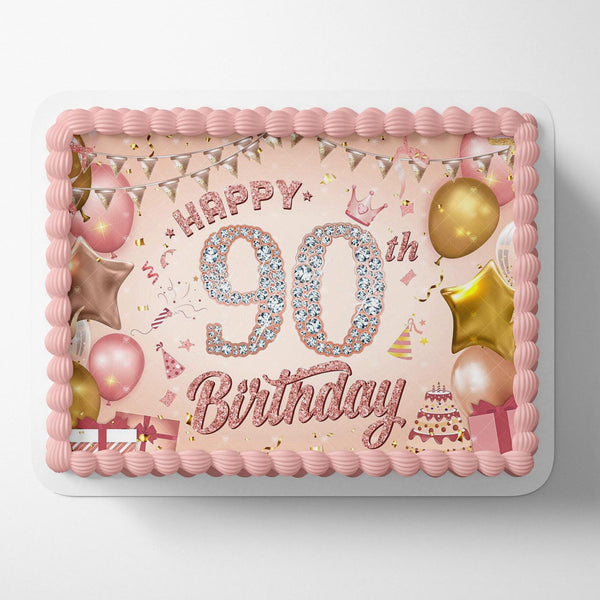Happy 90th Birthday Diamond Pink Gold Edible Cake Toppers