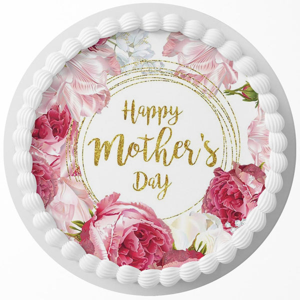 Happy Mothers Day Roses Edible Cake Toppers Round