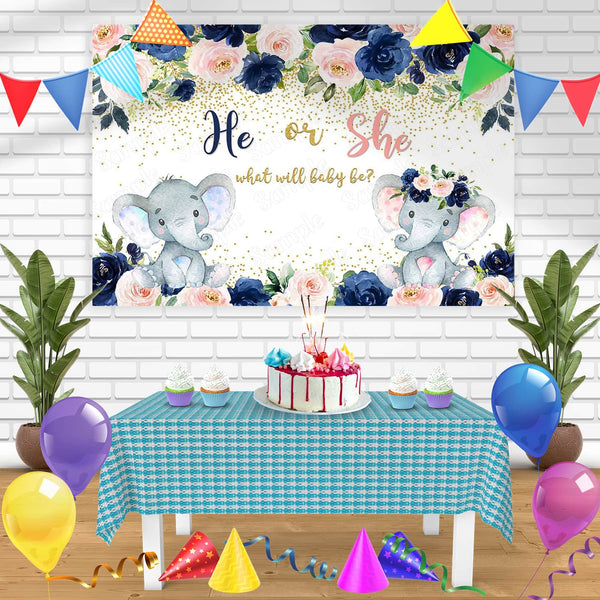 He or She Navy Blue Blush Pink Floral Elephant Gender Reveal Bn Birthday Banner Personalized Party Backdrop Decoration