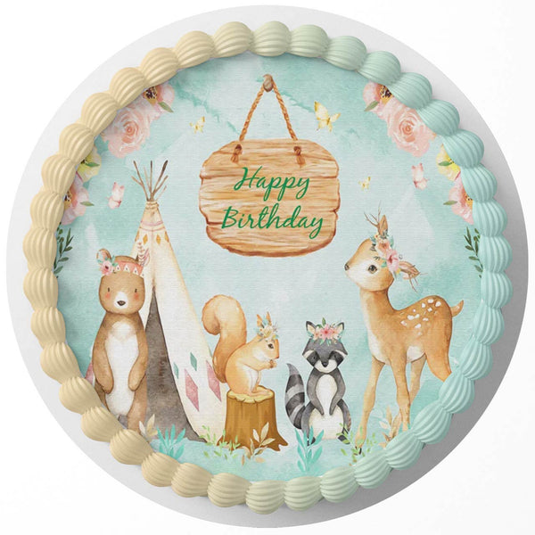 Jungle Animal Watercolor Woodland Floral Deer Bear TSD Rd Edible Cake Toppers Round