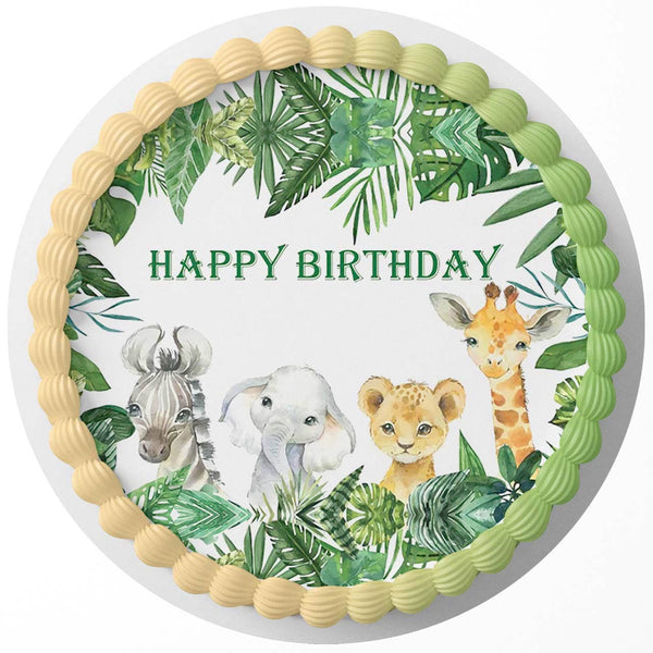 Jungle Animals Green Leaves Woodland Safari ZPL Rd Edible Cake Toppers Round