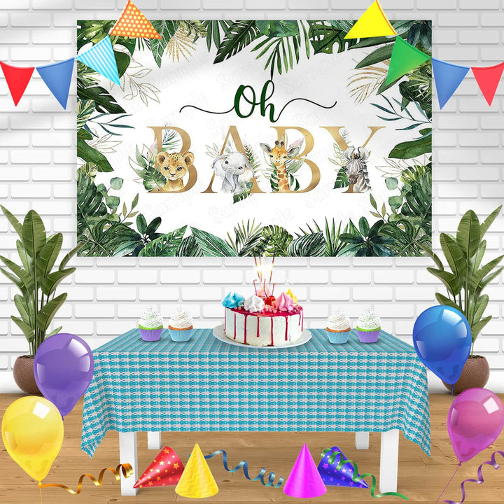Jungle Animals Oh Baby Gold Green Leaves Bn Birthday Banner Personalized Party Backdrop Decoration