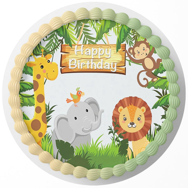 Jungle Safari Lion Tropical Plants Green THS Rd Edible Cake Toppers Round