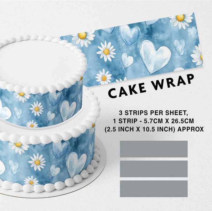 Light Blue Daisy Flowers and Hearts Edible Cake Toppers Cake Wraps