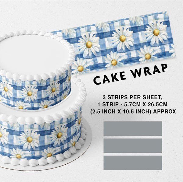 Light Blue White Checked Daisy Flowers Edible Cake Toppers Cake Wraps