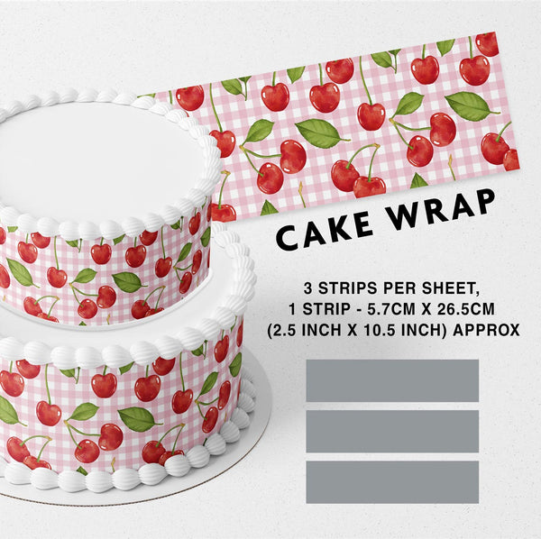 Light Pink Checked Red Cherries Edible Cake Toppers Cake Wraps