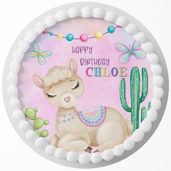 Llama Cute Pink Edible Cake Toppers Round