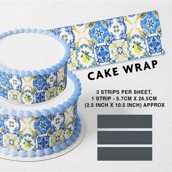 Mediterranean Positano Mosaic Amalfi Lemon Inspired Tile Pattern Strips Edible Cake Toppers Cake Wraps
