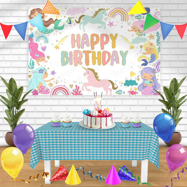 Mermaid and Rainbow Unicorn Bn Birthday Banner Personalized Party Backdrop Decoration