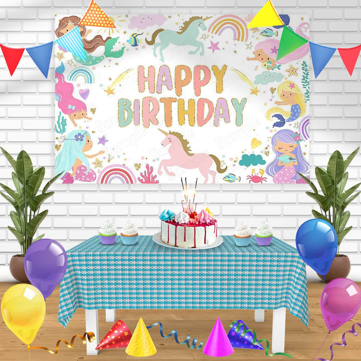 Mermaid and Rainbow Unicorn Bn Birthday Banner Personalized Party Backdrop Decoration