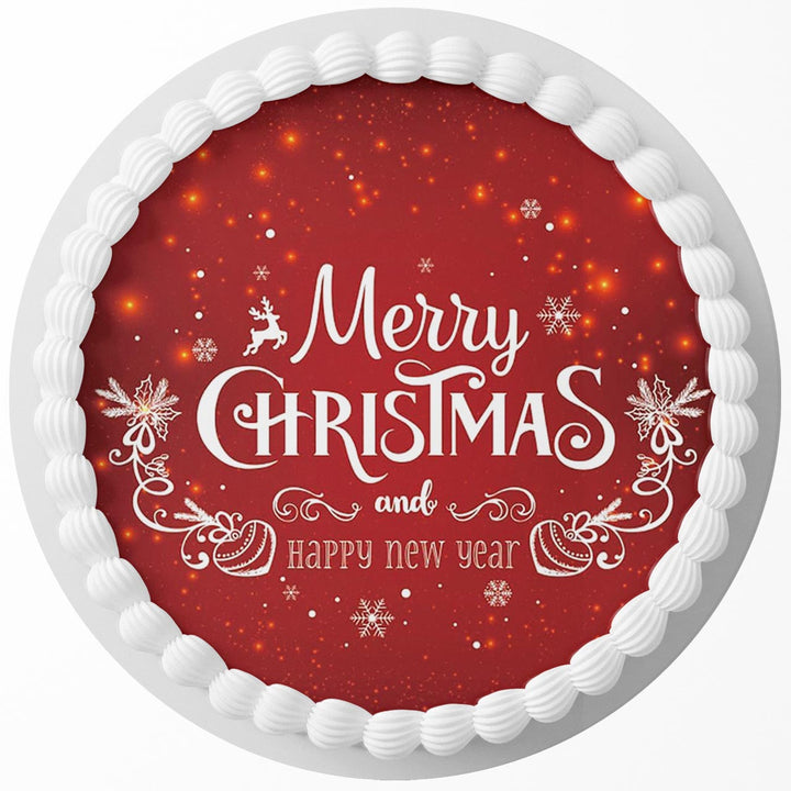 Merry Christmas Happy New year J Edible Cake Toppers Round